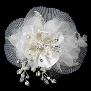 Catrice Freshwater Pearl, Swarovski Crystal Beaded Diamond Sheer Organza Fabric Flower Wedding, Bridal, Special Occasion Hair Clip   Ivory : Beauty