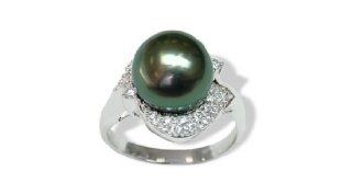 Size 5 18K white gold Knight Black Tahitian south sea cultured pearl and diamond ring: American Pearl: Jewelry