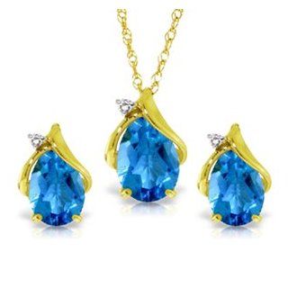 14k 18" Yellow Gold Teardrop Blue Topaz with Diamond Accent Necklace and Earring Set: Jewelry