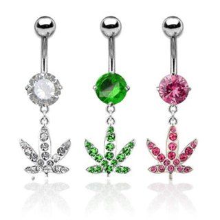 [Green] 316L Surgical Stainless Steel Navel Rings with Gem Paved Pot Leaf Dangle   14G 3/8" Long   Green: Belly Button Piercing Rings: Jewelry