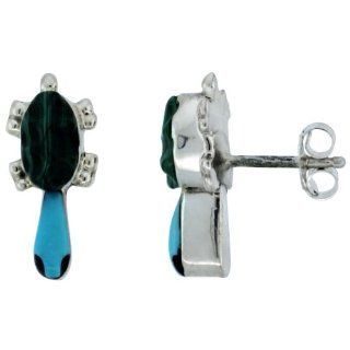 Sterling Silver Handcrafted Blue Turquoise & Green Malachite Turtle Stud Earrings (Genuine Zuni Tribe American Indian Jewelry) 5/8 in. (16mm) tall: Jewelry