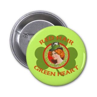 Red Hair Green Heart Pinback Buttons