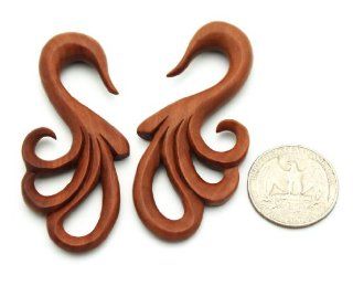 6g 4mm Water Wave Sawo Wood Organic Ear Gauges Plugs   Flower Design Tribal Floral Hook Hanging Swan (Sold By Pair): Jewelry