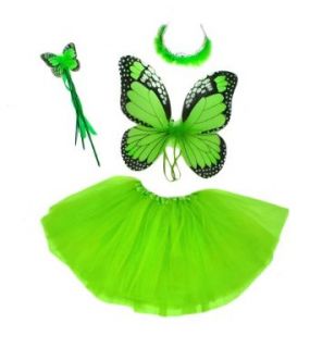 Girls Green 4pc Monarch Butterfly Costume Tutu, Wings, Wand, Princess Tiara: Clothing