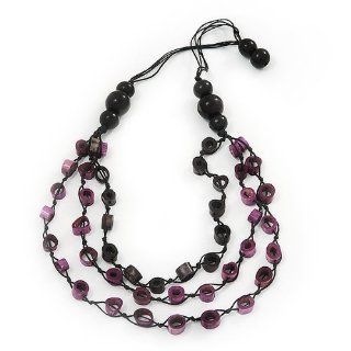 Long Multistrand Purple/Black Wood Bead Cotton Cord Necklace   80cm Length: Jewelry