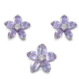 Sterling Silver Lavender CZ Flower Earring & Necklace Set: Jewelry