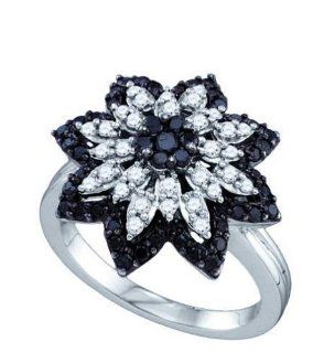 10k White Gold Black Colored Diamond Cluster Flower Petals Womens Ladies Unique Cocktail Fashion Ring   .85 Ct.t.w.: Jewelry