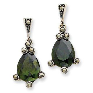 Sterling Silver Olive CZ & Marcasite Earrings Dangle Earrings Jewelry
