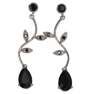 White Gold Plated Black Cubic Zirconia Long Dangle Earrings Elegant Waving Leaf Design Drop Earrings Jewelry