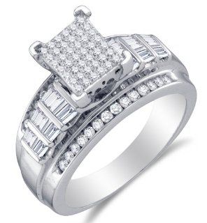 .925 Sterling Silver Plated in White Gold Rhodium Diamond Engagement OR Fashion Right Hand Ring Band   Emerald Shape Center Setting w/ Micro Pave Set Round, Baguette, & Round Diamonds   (2/3 cttw): Sonia Jewels: Jewelry