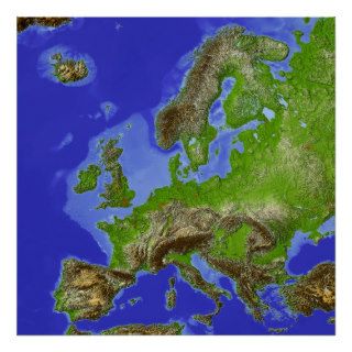 Europe, shaded relief map poster