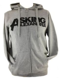 Asking Alexandria Mens Zip Up Hoodie Sweatshirt   Name Logo Front, Lock and Key in Crow Design Back Image on Gray (X Small) Novelty T Shirt Clothing