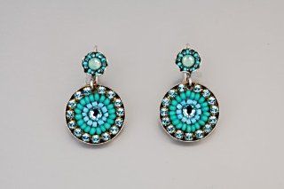 Turquoise and Blue Dangle Circles Earrings by Adaya Set with Swarovski Crystals and Beads; Handmade in Israel: ADAYA: Jewelry