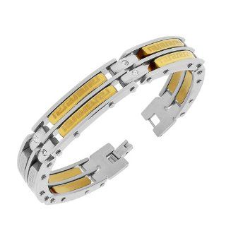 Stainless Steel Silver Yellow Gold Two Tone Greek Key White Crystals CZ Link Chain Mens Bracelet with Clasp: Bangle Bracelets: Jewelry