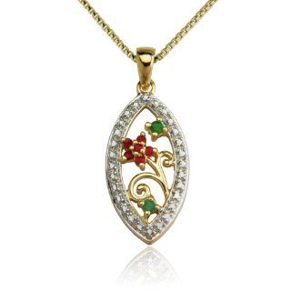 18k Yellow Gold Plated Ruby and Emerald Flower with Diamond Accent Marquis Shaped Pendant Necklace Jewelry