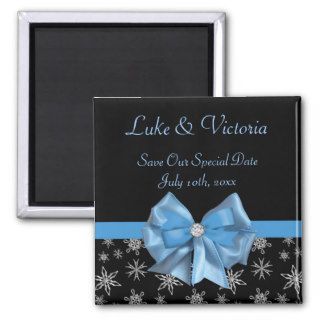 Icy Blue Bow On Black Winter Snowflakes Wedding Fridge Magnets