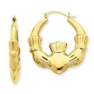14k Yellow Gold Polished Claddagh Hoop Earrings. Length 35mm x Width 33mm.: Jewelry
