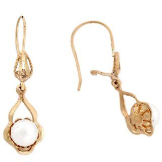 14k Real Yellow Gold Pearl Round Drop Designer Womens Hook Earrings: Jewelry