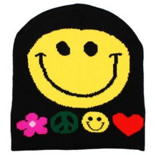 Luxury Divas Big Smiley Face On Black Beanie Cap W/ Hearts & Flowers: Novelty Knit Caps: Clothing