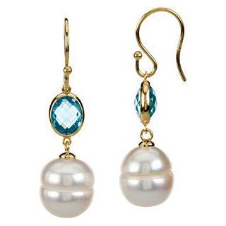 14k Yellow Gold Circle Pearl and Blue Topaz Earrings Dangle Earrings Jewelry
