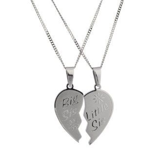 Sisters Pendant Set Big Sis Lil Sis High Polished Stainless Steel Heart Necklace with Rolo Chain Jewelry