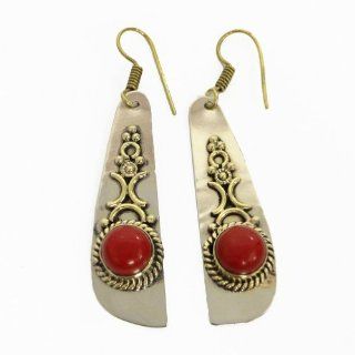 Ethnic Two Tone Red Coral Stone Metal Dangle Party Wear Earring Set Fashion Jewelry India Gift: Jewelry