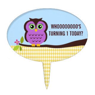 Cutesy Purple Owl First Birthday Cake Topper