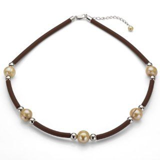 Sterling Silver 9 10mm Golden Cultured Freshwater Pearl and Rondels with Brown Leather Necklace 18"+2": Jewelry