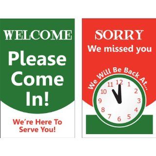 Accuform Signs MPCM507 Dura Plastic Double Sided "Be Back" Clock Sign, Legend "SORRY WE MISSED YOU WE WILL BE BACK AT (PIC OF CLOCK)/WELCOME PLEASE COME IN WE'RE HERE TO SERVE YOU", 5" Width x 8" Length, Green/Black/Red 