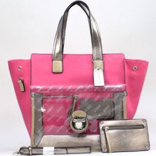 Women's Two tone Metallic Contrast Tote Bag w/ Coin Pouch, Transparent Front Compartment, & Bonus Strap   Pink/Pewter Clothing