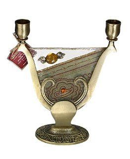 Shabbat Sabbat Candle Holders / Sticks Solid Brass & Decoupage Glass With Pewter & Stones Decorations 8.50" Modern Design Hand Made In ISRAEL By Lily Art. Great Gift For Rosh Hashanah Sabbath Purim Sokot Simchat Torah Hanukkah Passover Lag Ba