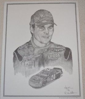 Jeff Gordon #24 Dupont Flames Nascar Driver and Car Dale Adkins Art 11 x 14 Portrait Black and White Shaded Sketch Pencil Drawing Copy Reprint in Sealed Plastic Film For Protection  Prints  