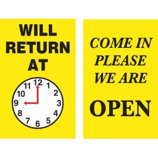 Accuform Signs MPCM501 Dura Plastic Double Sided "Be Back" Clock Sign, Legend "WILL RETURN AT (PIC OF CLOCK)/COME IN PLEASE WE ARE OPEN", 5" Width x 8" Length, White/Black/Red on Yellow: Industrial Warning Signs: Industrial &a