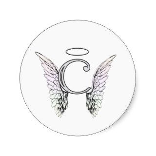 Letter C Initial Monogram with Angel Wings & Halo Round Stickers