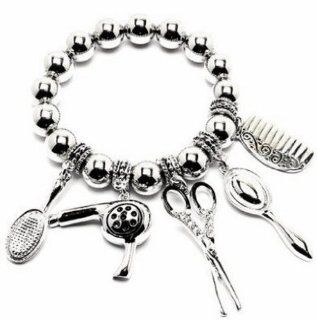 Hair Stylist Stretch Bracelet Bead Crystal Scissor Mirror Comb Dryer Silver Tone: Jewelry