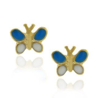 18K Yellow Gold Filled Brass White Blue Butterfly Stud Womens Girls Earrings: Jewelry