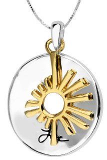 14k Yellow Gold Plated Sterling Silver "Love" Circle with Gold Sunshine "Two Tone" Charm Necklace, 18" Jewelry