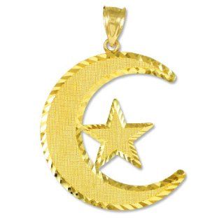 10k Gold Diamond Cut Islamic Charm Crescent Moon and Star Pendant: Islamic Jewelry: Jewelry