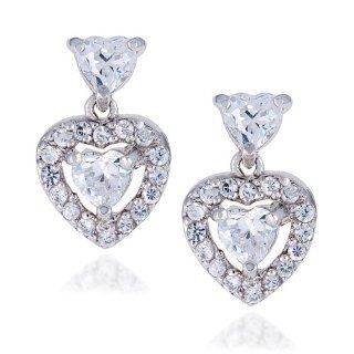 Sterling Silver Cubic Zirconia Heart Shaped Drop Earrings by Cheline: Jewelry