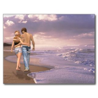 Couple in Love Walking on Beach into the Sunset Postcards