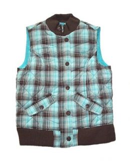 Justice Girls Plaid Puffer Vest (M/12, aqua/brown plaid) Clothing