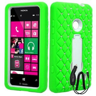 NOKIA LUMIA 521 GREEN WHITE BLING GEM HYBRID KICKSTAND COVER HARD GEL CASE + FREE CAR CHARGER from [ACCESSORY ARENA]: Cell Phones & Accessories