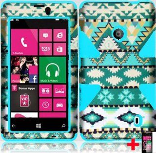 Nokia Lumia 521 MINT GREEN WHITE BLUE AZTEC DESIGN DYNAMIC HYBRID HARD PLASTIC SOFT GEL CELL PHONE CASE + SCREEN PROTECTOR, FROM [TRIPLE8ACCESSORIES] Cell Phones & Accessories