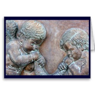Angels blowing trumpets copper aged relief greeting card