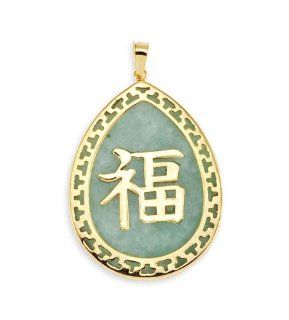 14k Yellow Gold Light Green Jade Happiness Pendant Jewelry