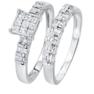 3/4 CT. T.W. Princess, Baguette Cut Diamond Women's Bridal Wedding Ring Set 10K White Gold   Free Gift Box: MyTrioRings: Jewelry
