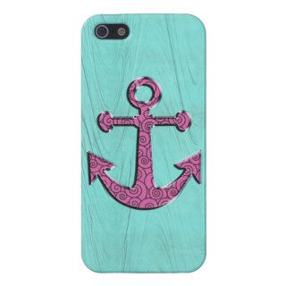 Trendy Swirly Pink Anchor on Turquoise Background iPhone 5 Covers