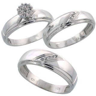 10k White Gold Diamond Trio Engagement Wedding Ring Set for Him and Her 3 piece 7 mm & 5.5 mm wide 0.09 cttw Brilliant Cut, ladies sizes 5   10, mens sizes 8   14 Jewelry