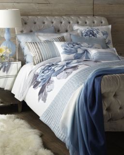 Queen White Flat Sheet with Embroidered Blue Trim