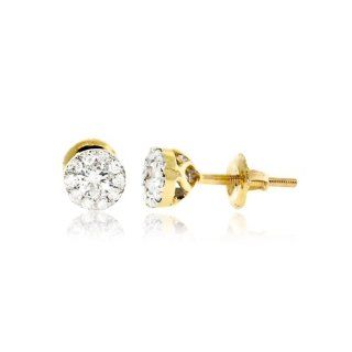 0.55CT, White Round Brilliant cut Diamond prong Cluster women's Stud Earrings in 14K Yellow Gold: Jewelry